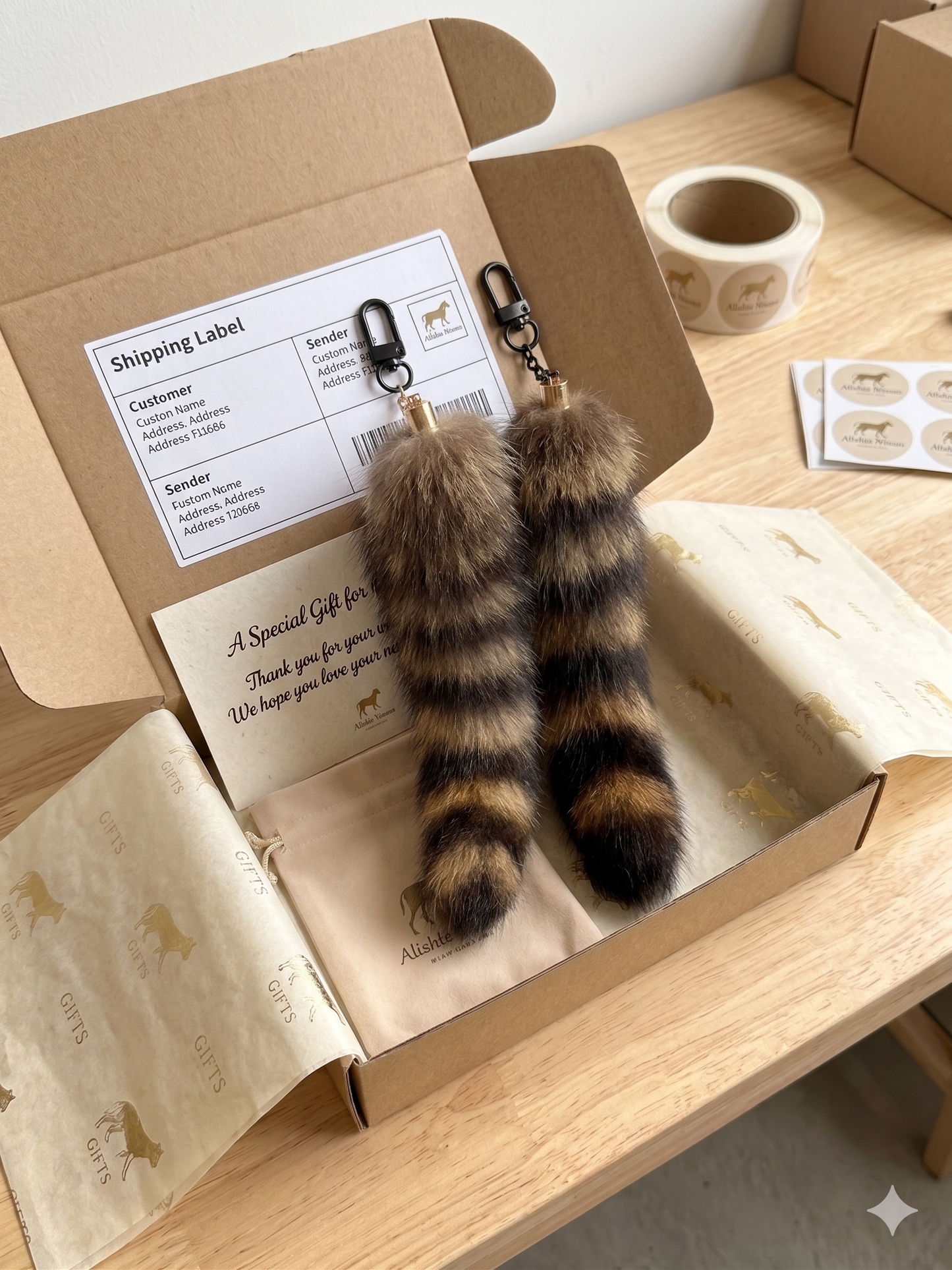 Natural Raccoon Tail Keychain - Authentic Fur Bag Charm & Belt Accessory