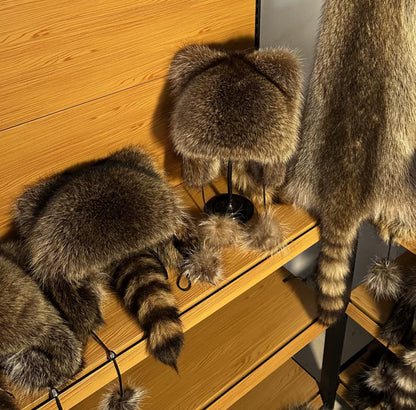 Handmade Real Raccoon Fur Hat for Adults & Kids